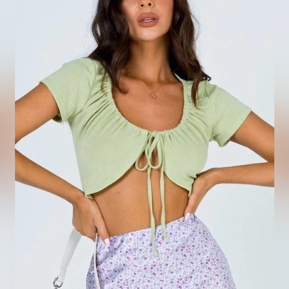 Princess Polly Reedman Light Green Tie Front Crop Top Size 2